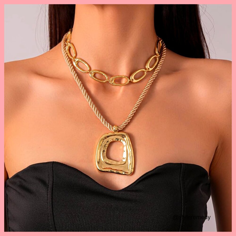 Metal Chunky Statement Necklace Stack With Pendan… - image 4